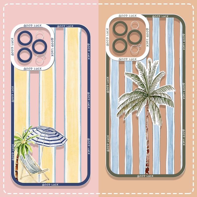 Phone Cases Samsung A14 - 夏のヤシの木とココナッツ柄のストライププリントクリアスマホケース Samsung Galaxy A56 A07 A17