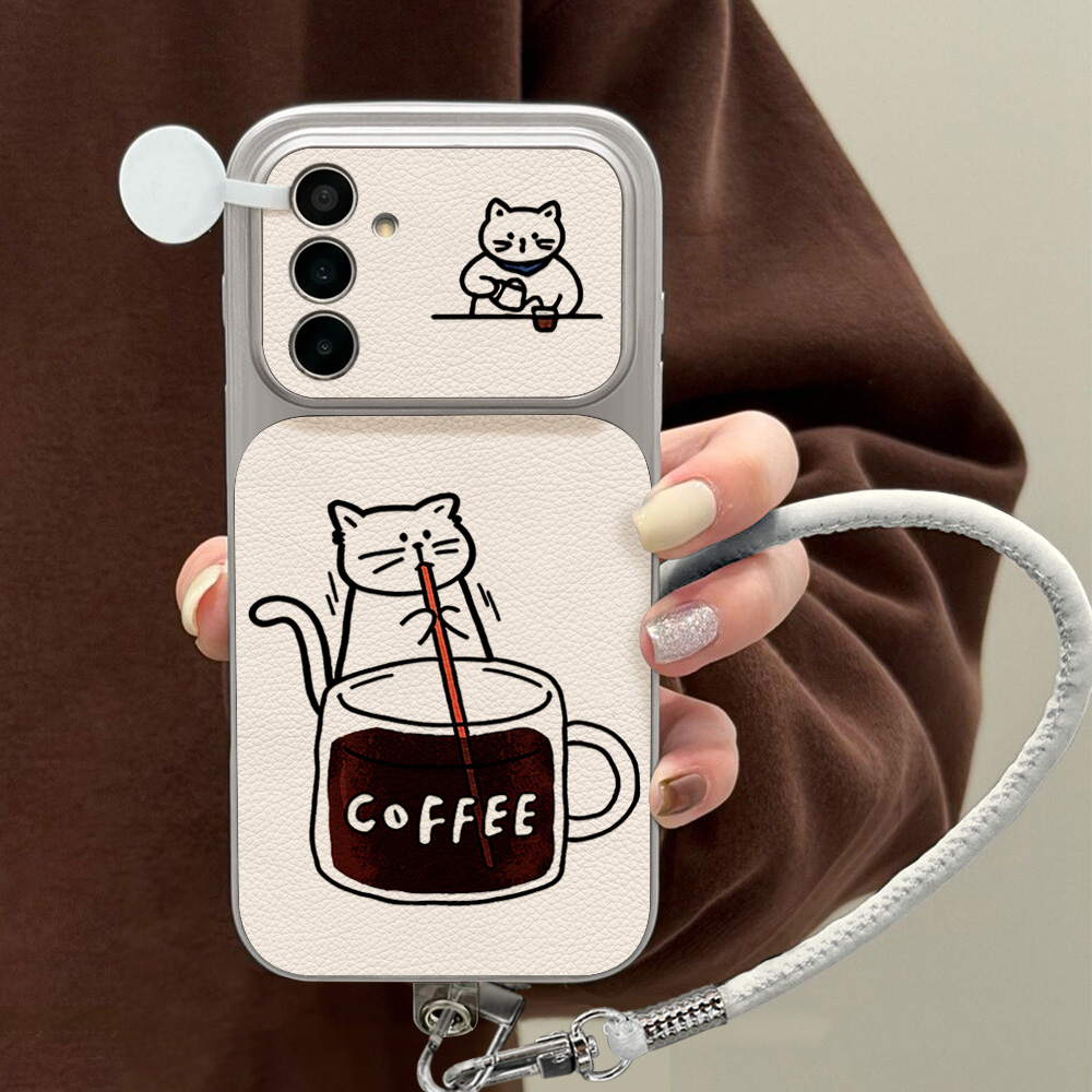 Phone Cases For Samsung A14 - コーヒーと可愛い猫柄のスマホケース Samsung S26 S25 S24 S23