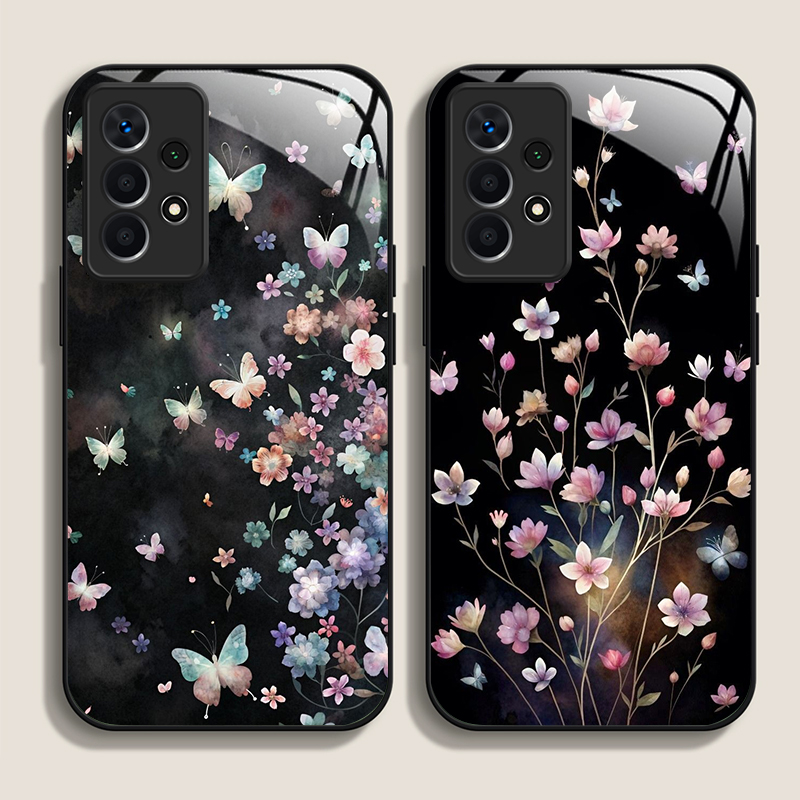 Phone Cases For Samsung A14 - ヴィンテージ風花柄蝶々フラワーデザイン強化ガラス製スマホケース Samsung Galaxy A56 A72 A55