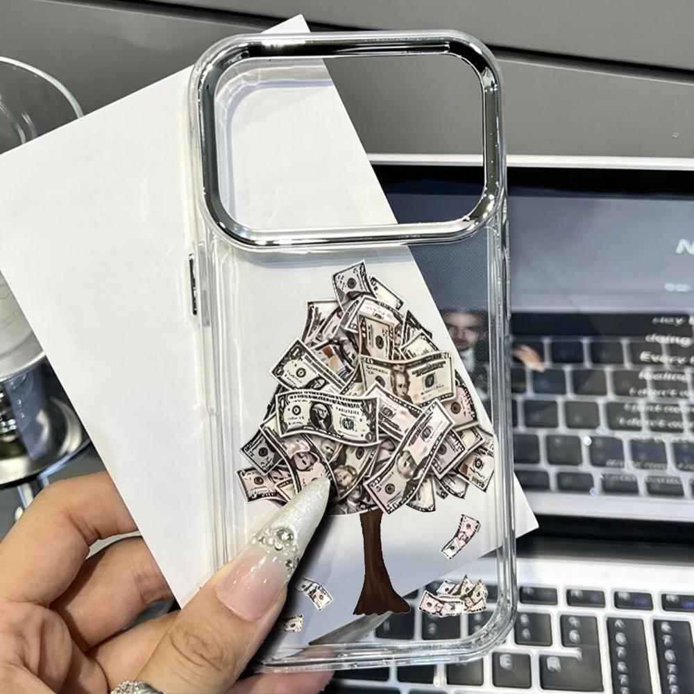 Phone Cases Dollar Tree - クリエイティブなマネーツリーとドル札デザインの透明ソフトTPU製スマホケース、落下防止カバー、iPhone 17、16、15、14、13、12、11pm Pro Plus対応