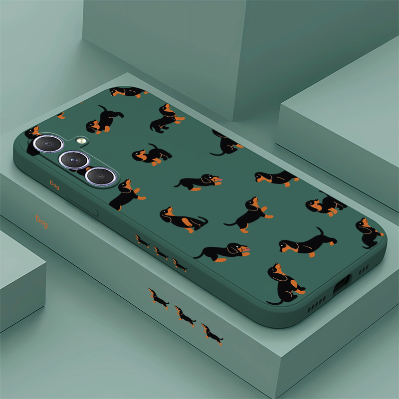 Phone Cases For Samsung A14 - サムスン Galaxy A27、A26、A37、A56、A57、A55、A54、A24、A34、A14、A17 向けの、漫画風のダックスフンドの犬のイラストが描かれたスマートフォンケース。レンズ保護機能付きシリコン製。
