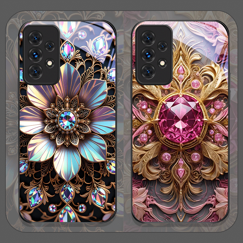 Phone Cases For Samsung A14 - エレガントな宝石柄の花模様強化ガラス製スマホケース、Samsung Galaxy A56 A71 A72 A55