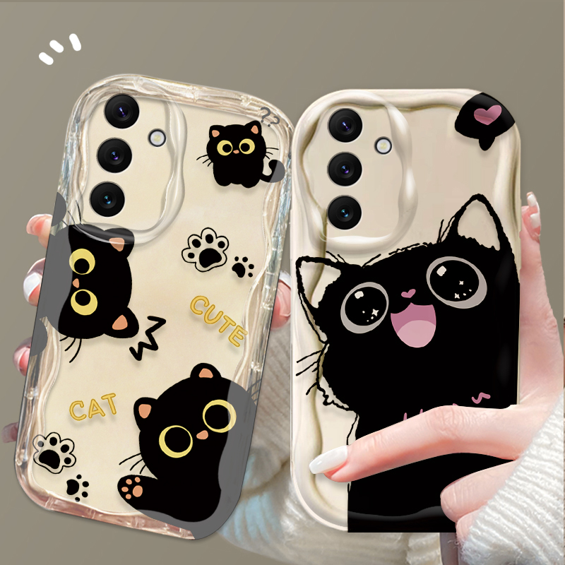 Phone Cases For Samsung A14 - かわいい大きな目の黒猫ケース Samsung Galaxy A16 A06 A55