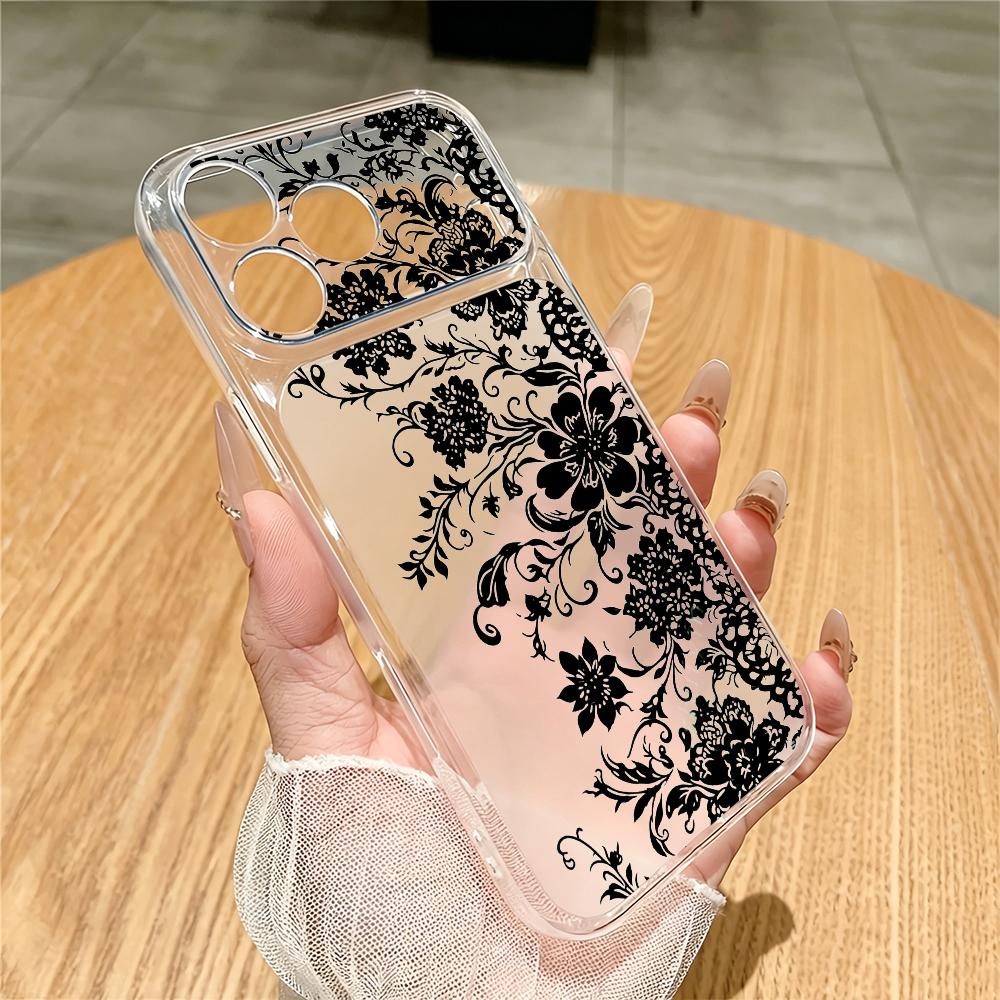 Phone Cases For Samsung A14 - 黒の模様入り透明スマホケース、iPhone 18、17、16、15、14、13、12、11 Pro/Max/Plus対応、落下防止・耐衝撃機能付き