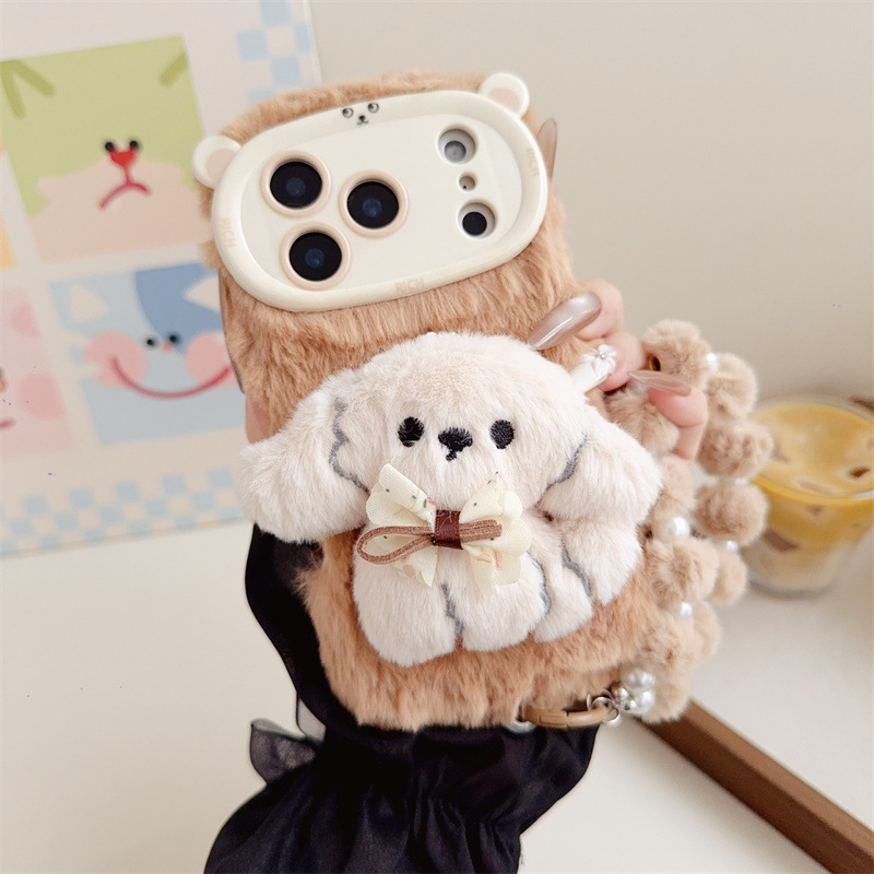 3D漫画風リボン付き子犬のふわふわぬいぐるみスマホケース i - Phone Cases Amazon のレビューと価格