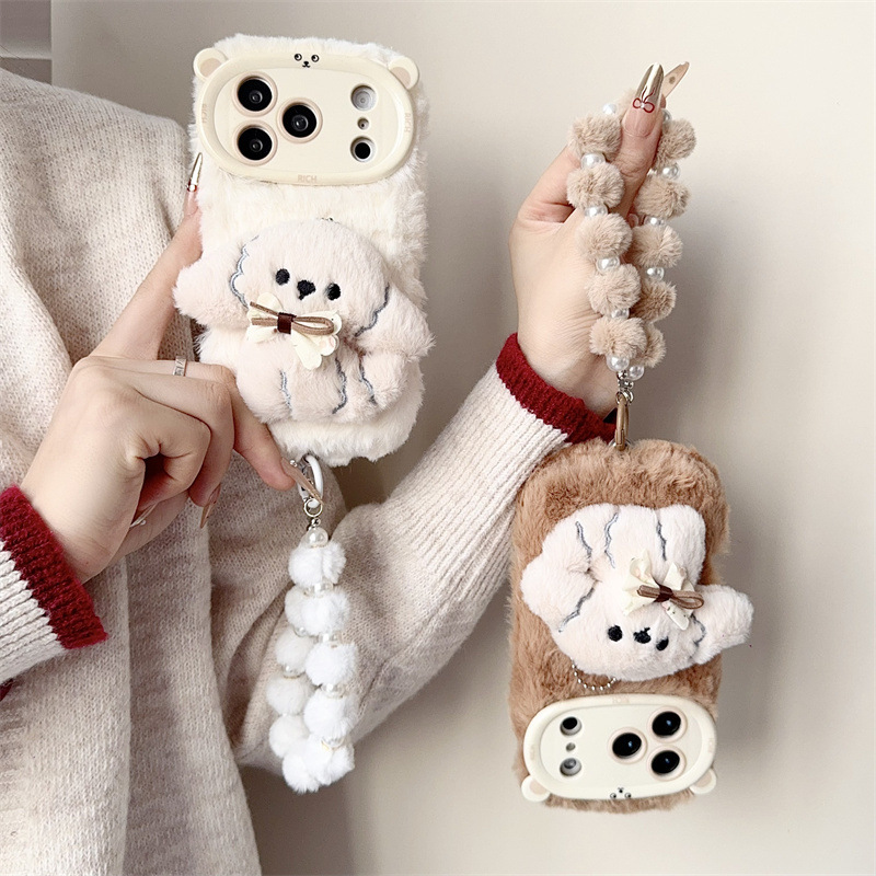 3D漫画風リボン付き子犬のふわふわぬいぐるみスマホケース i - Phone Cases Amazon のレビューと価格