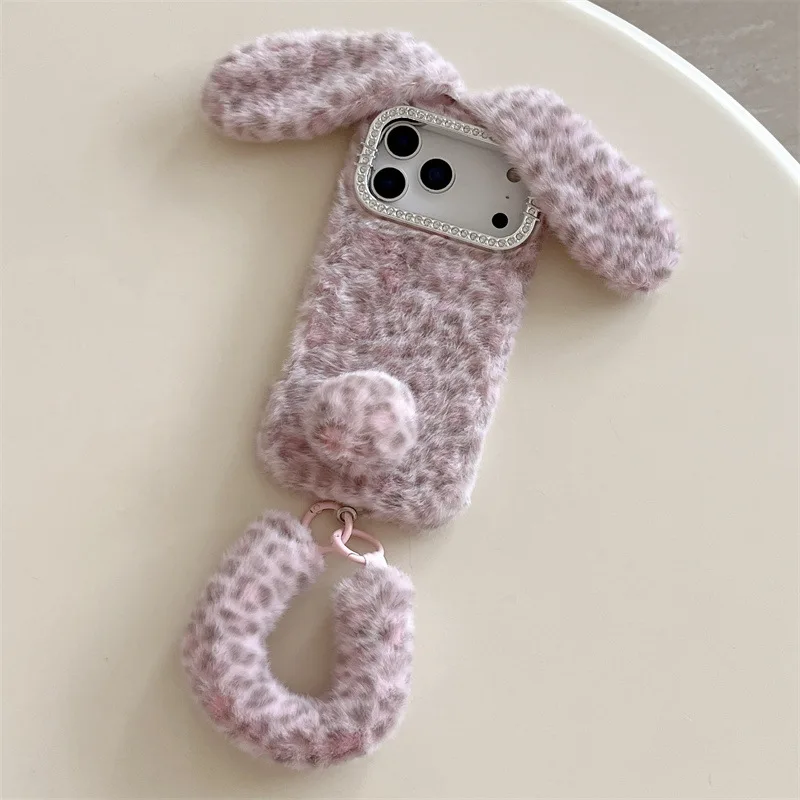 かわいい漫画風のヒョウ柄うさぎ耳付きふわふわぬいぐるみケース - Cute Cartoon Case のレビューと価格